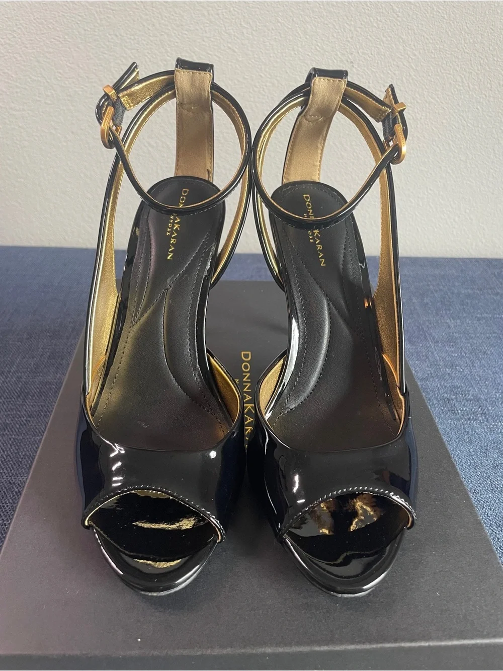 Donna Karan - Somerset - Black Patent Peep-Toe Ankle-Strap Heels with Gold Trim